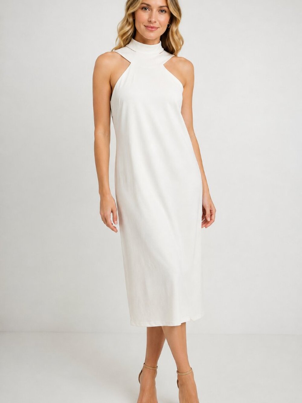 Bebe Size 12 Ivory Halterneck Bodycon Midi Dress Cutout Open Back NWT